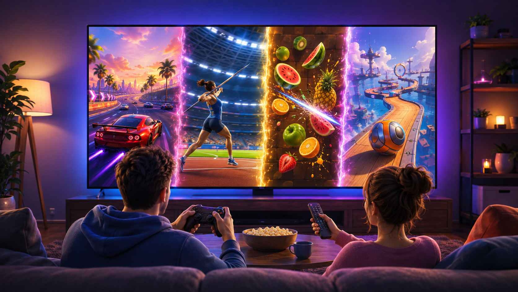 Smart TV play brings racing, sports, arcade reactions and balance challenges onto the room's largest screen