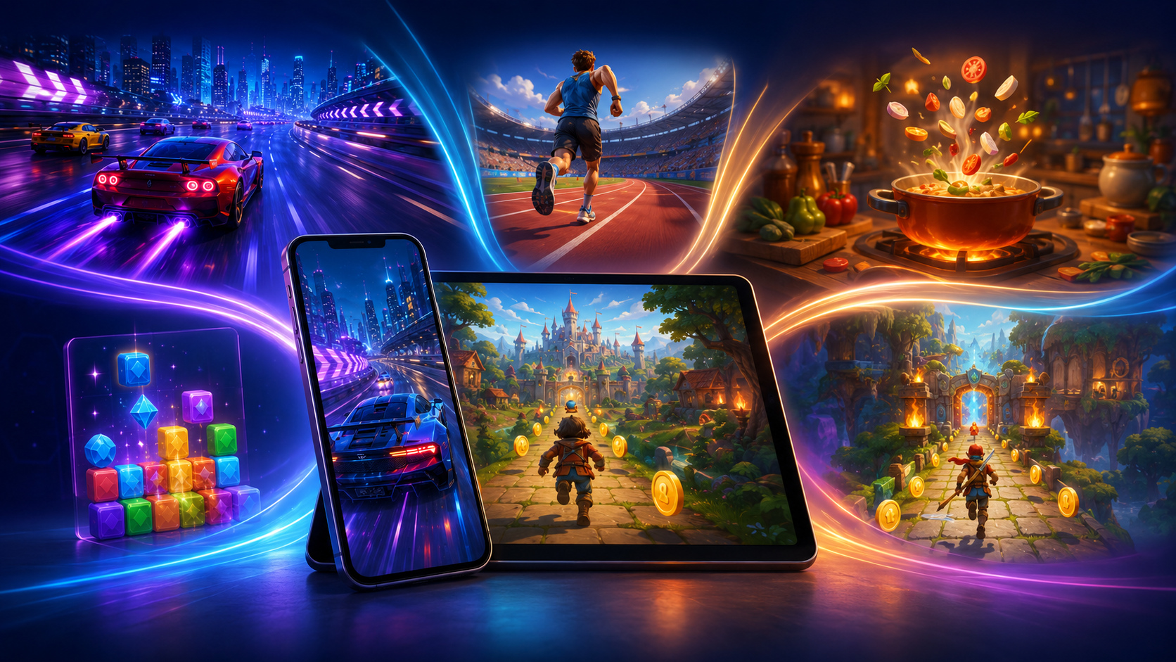 Mobile play can move from a fast race to a longer adventure, sports event, puzzle or cooking challenge