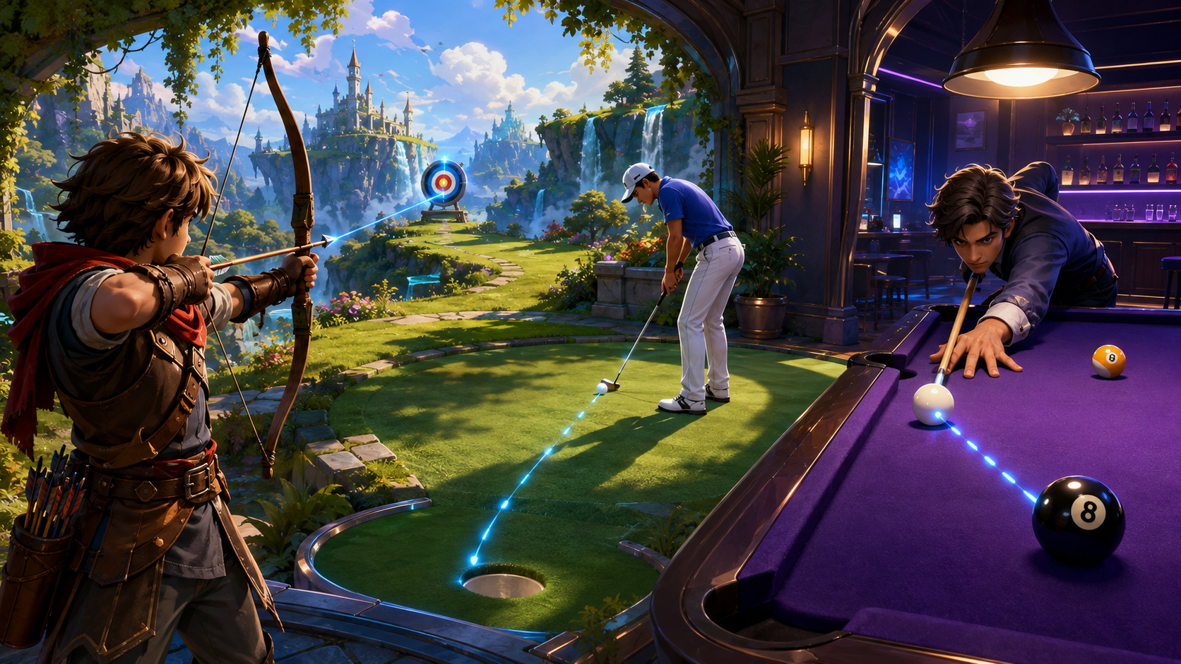 Archery, golf and pool make aim, angle and controlled execution easy to evaluate
