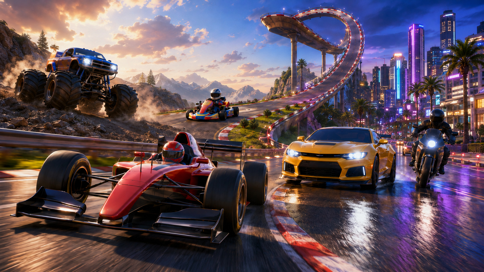 Circuit precision, street speed, stunts, bikes, heavy vehicles and karts create very different racing goals