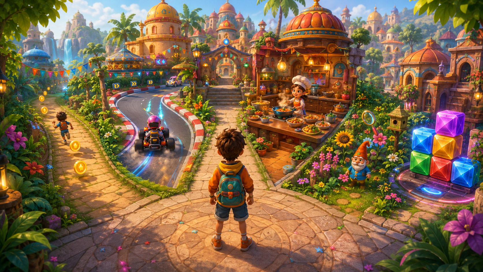 One family game collection can support running, racing, cooking, searching and puzzle play