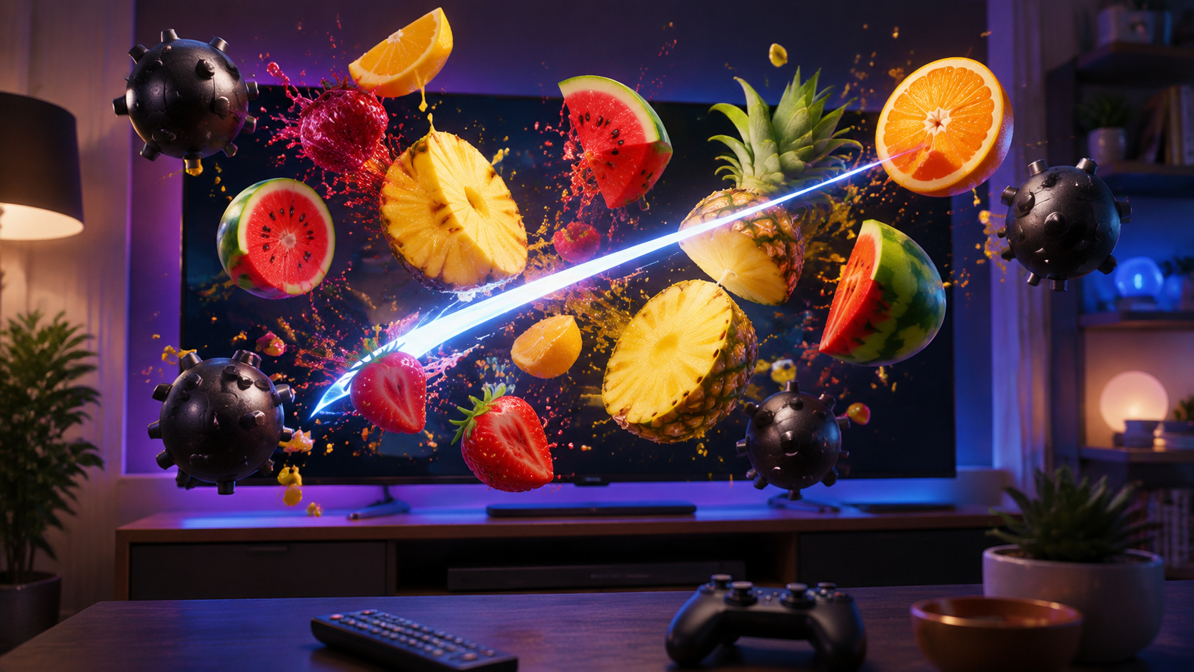 Fruit Cutter turns the television into a fast arcade challenge built around clean slices and hazard awareness