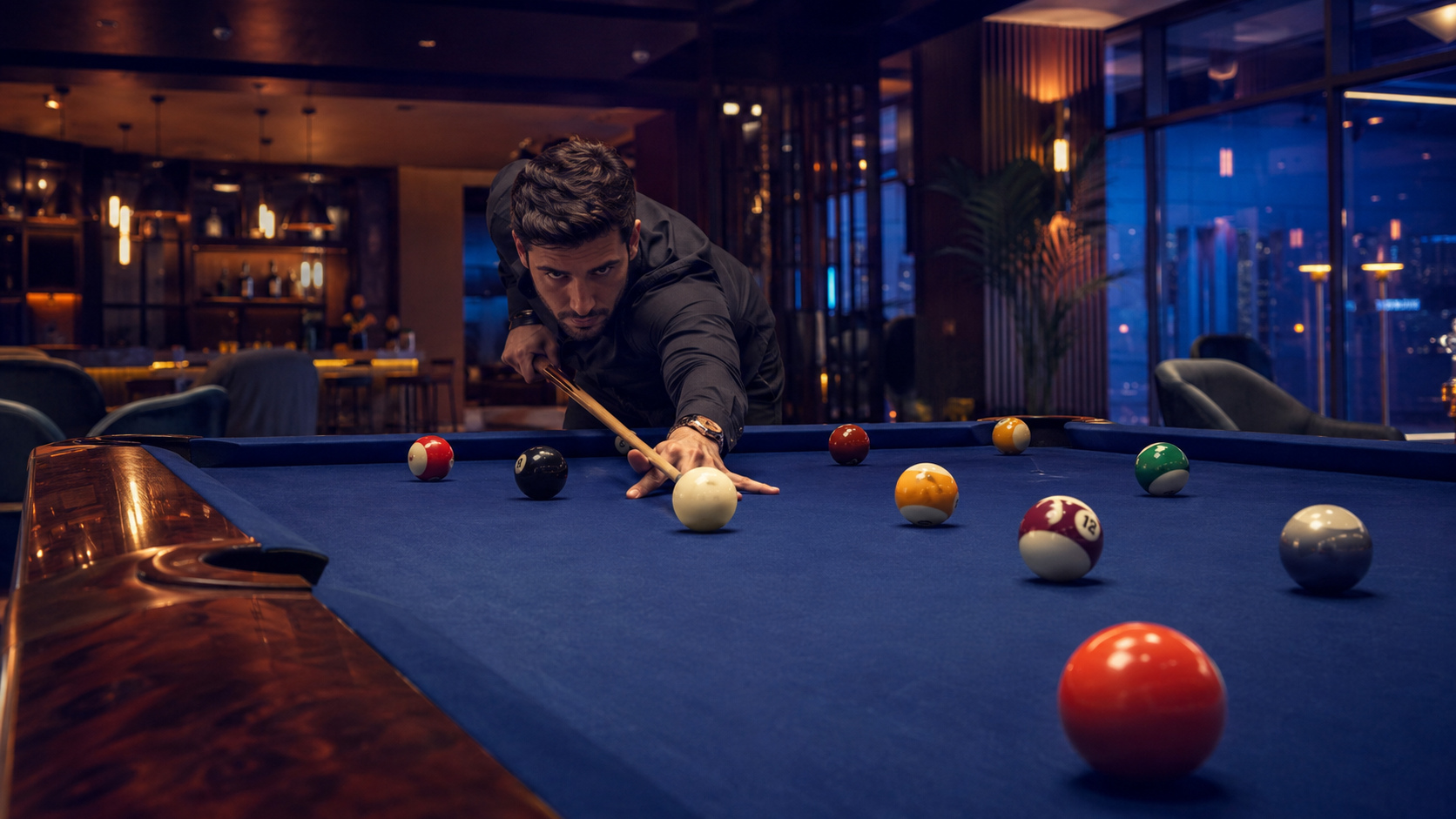 A controlled pool shot connects the current pocket with the position needed next