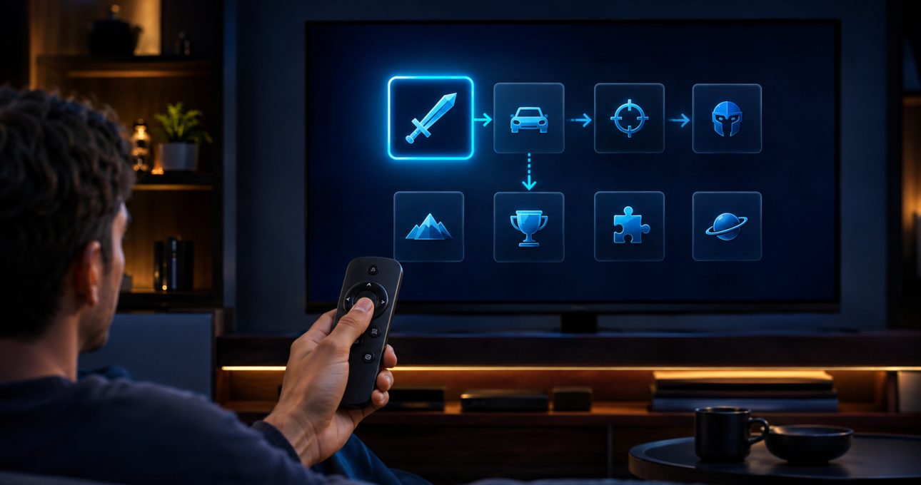 Editorial illustration: visible focus makes directional navigation predictable from the couch