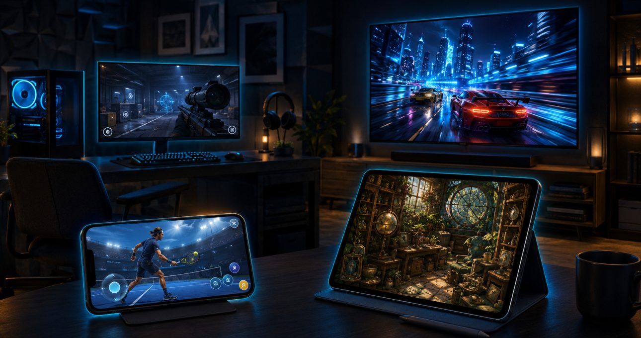 Editorial illustration: phone, tablet, computer and television are separate play contexts to evaluate