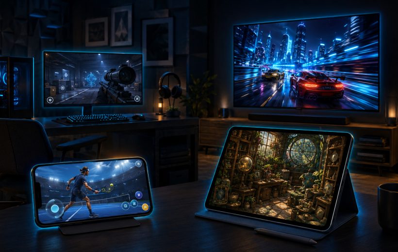 Editorial illustration: phone, tablet, computer and television are separate play contexts to evaluate
