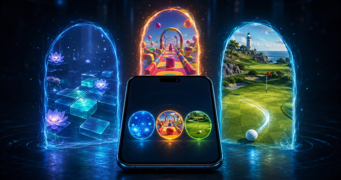 Original editorial illustration: puzzle, reaction and precision loops create three distinct casual-game choices