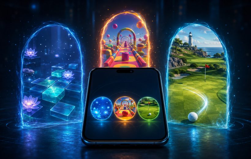 Original editorial illustration: puzzle, reaction and precision loops create three distinct casual-game choices