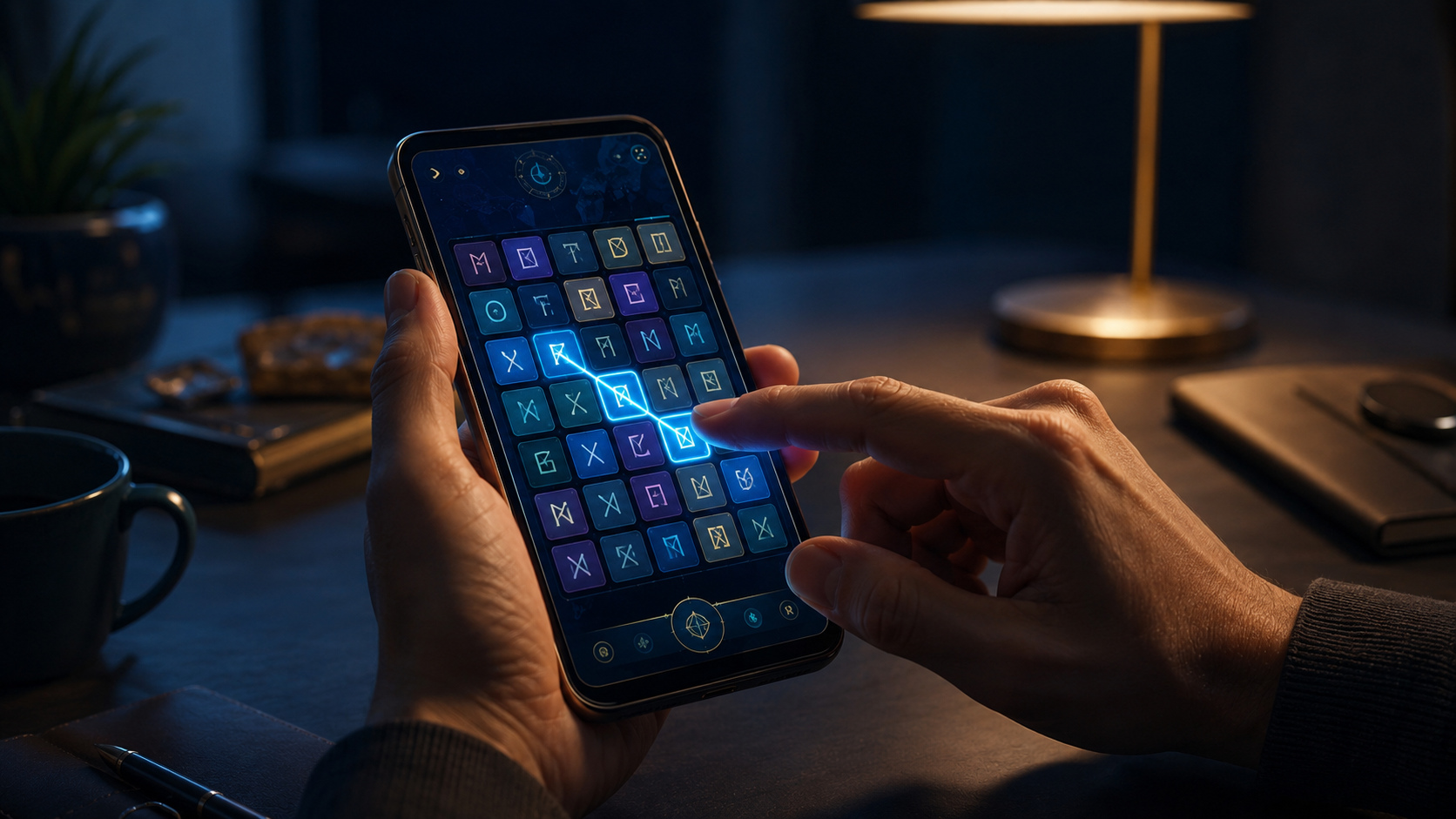 Original editorial illustration: deliberate tile connections support a calm, self-paced puzzle loop