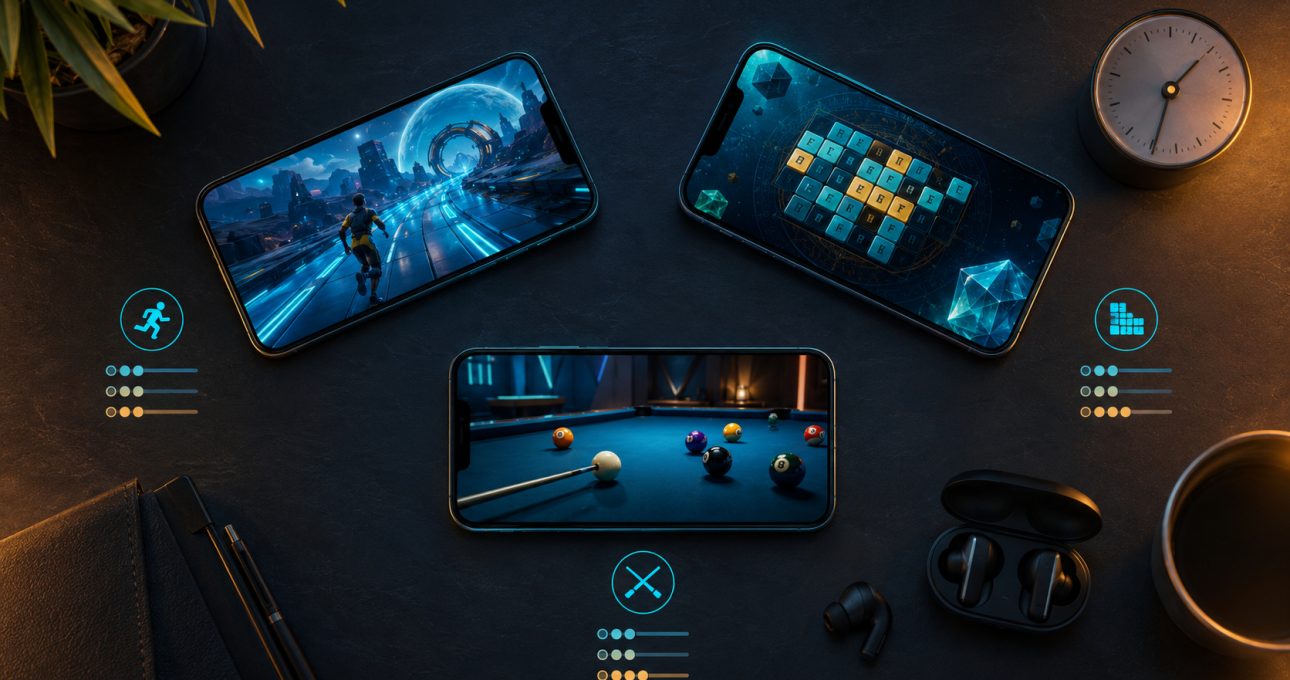 Original editorial illustration: genre, available time and preferred action narrow a mobile-game shortlist