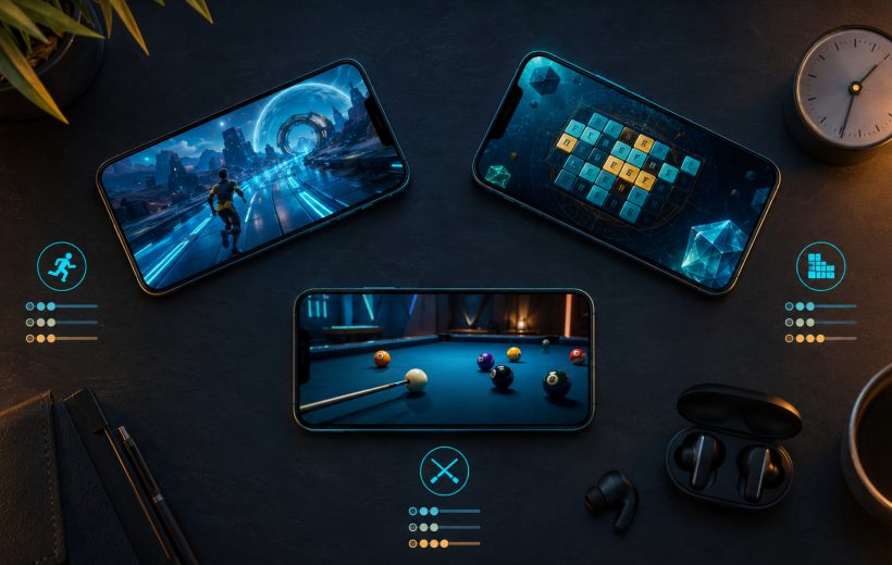 Original editorial illustration: genre, available time and preferred action narrow a mobile-game shortlist