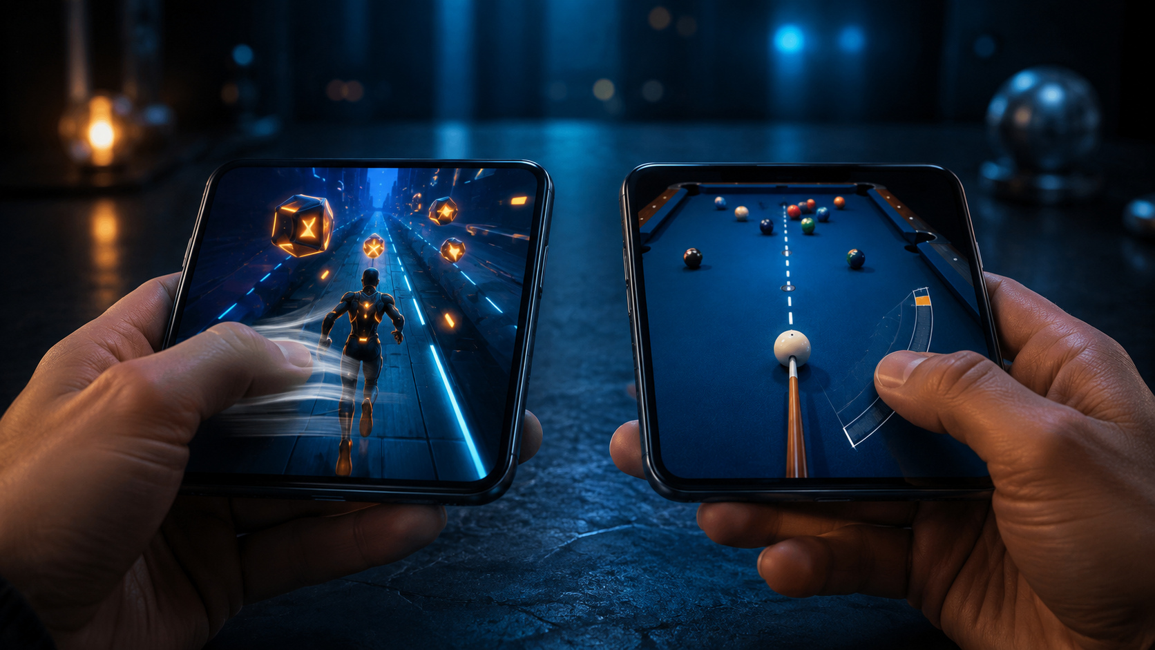 Original editorial illustration: quick swipes and deliberate touch aiming create different control rhythms