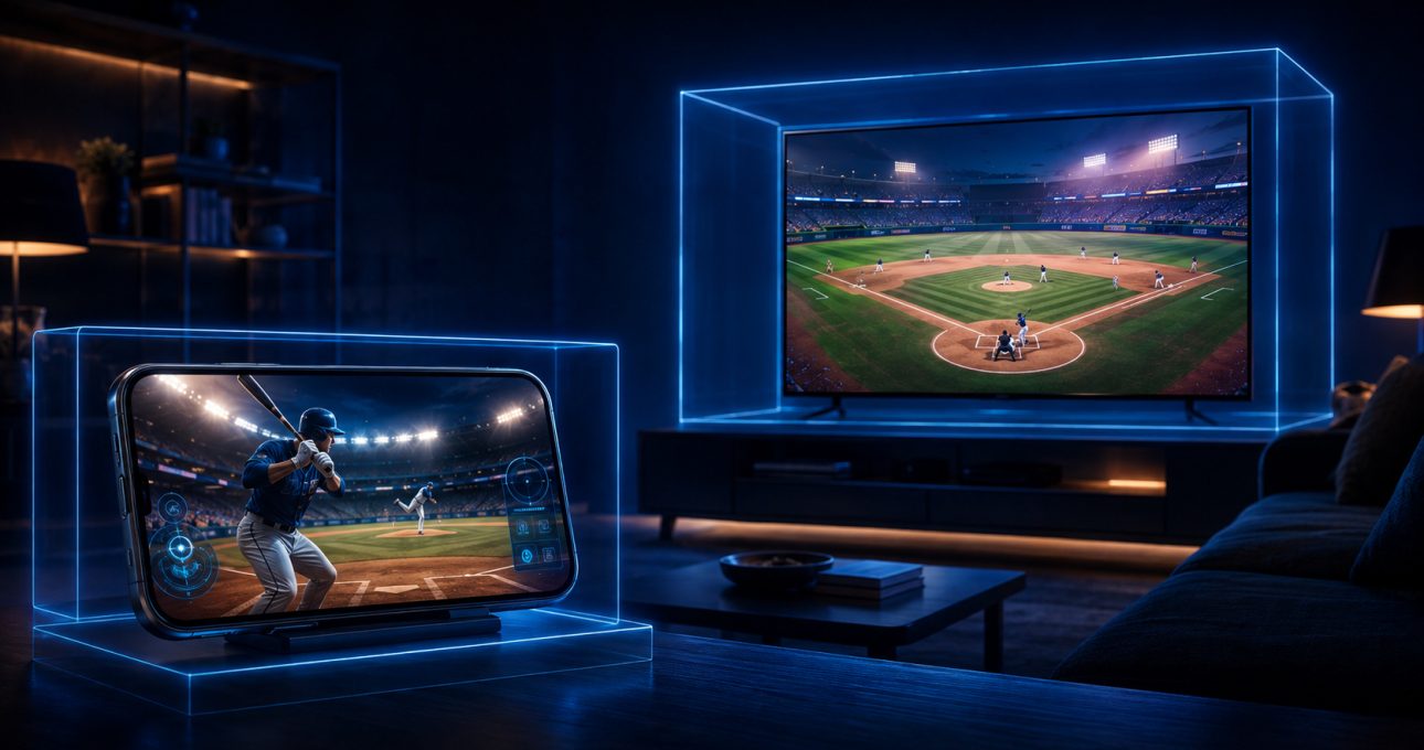 Original editorial illustration: related baseball experiences can remain separate mobile and television packages