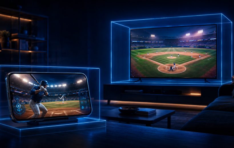 Original editorial illustration: related baseball experiences can remain separate mobile and television packages