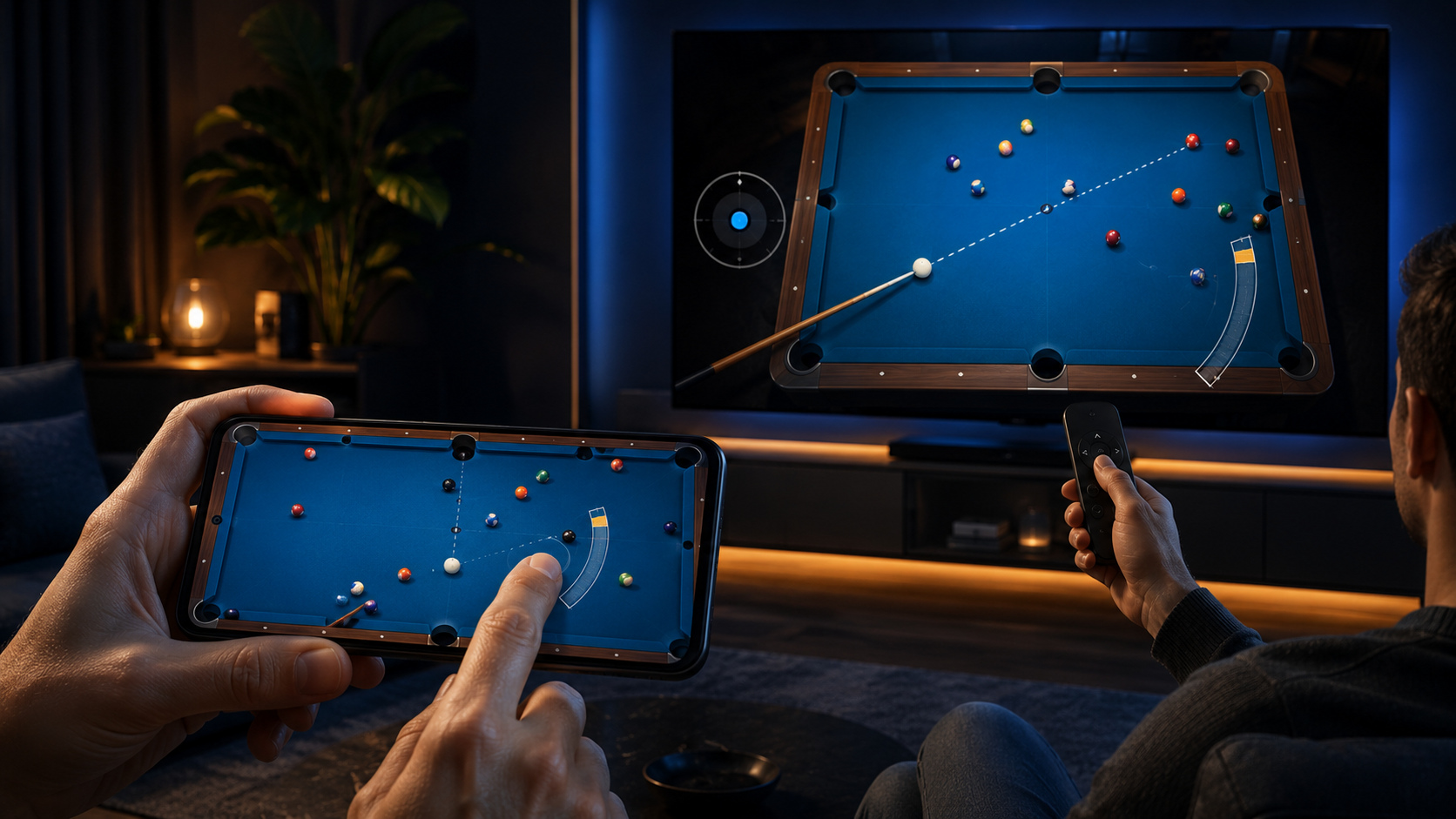 Original editorial illustration: touch aiming and remote navigation express the same broad pool idea differently
