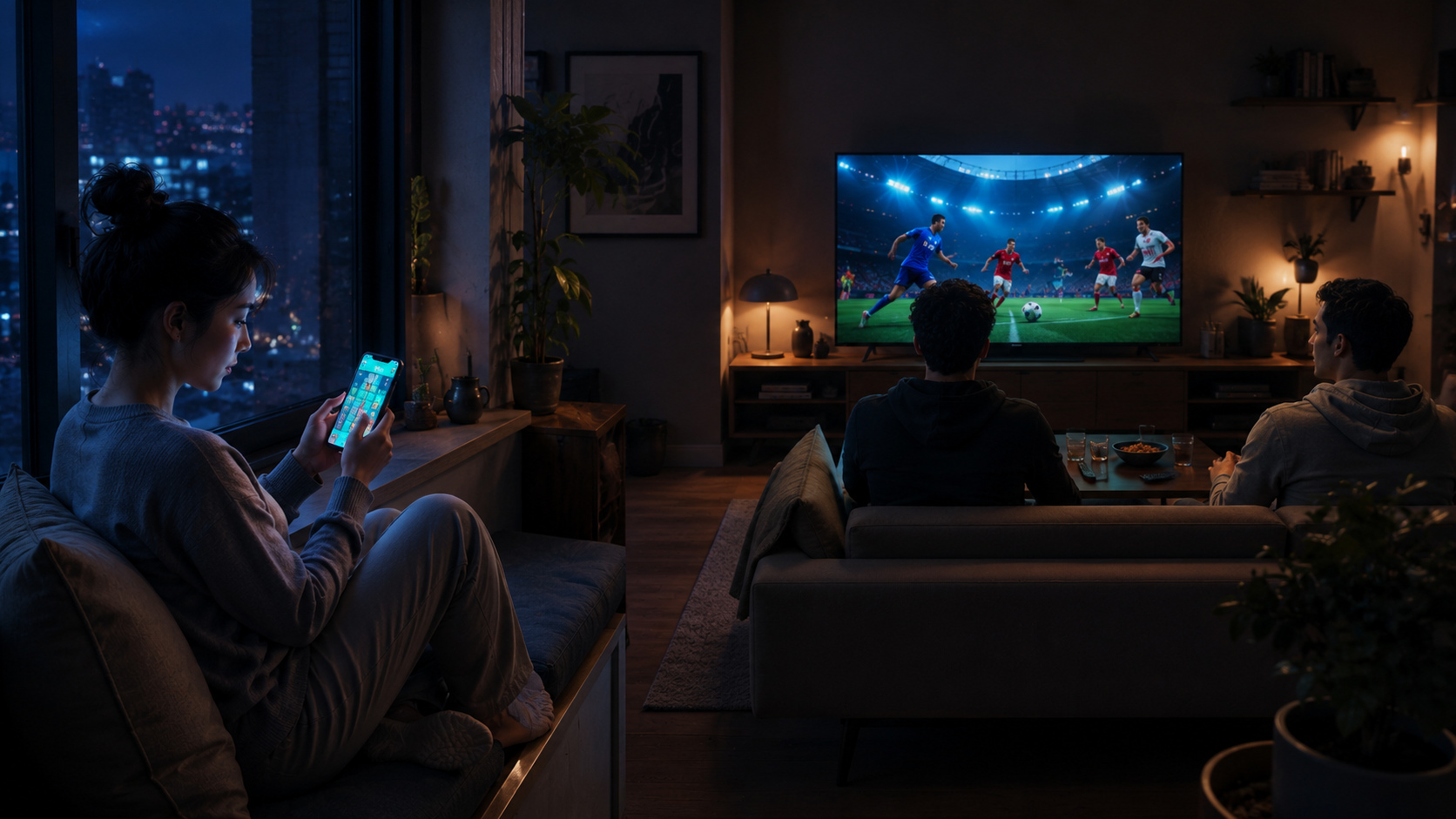 Original editorial illustration: a personal mobile break and a shared couch session suit different rooms and moments