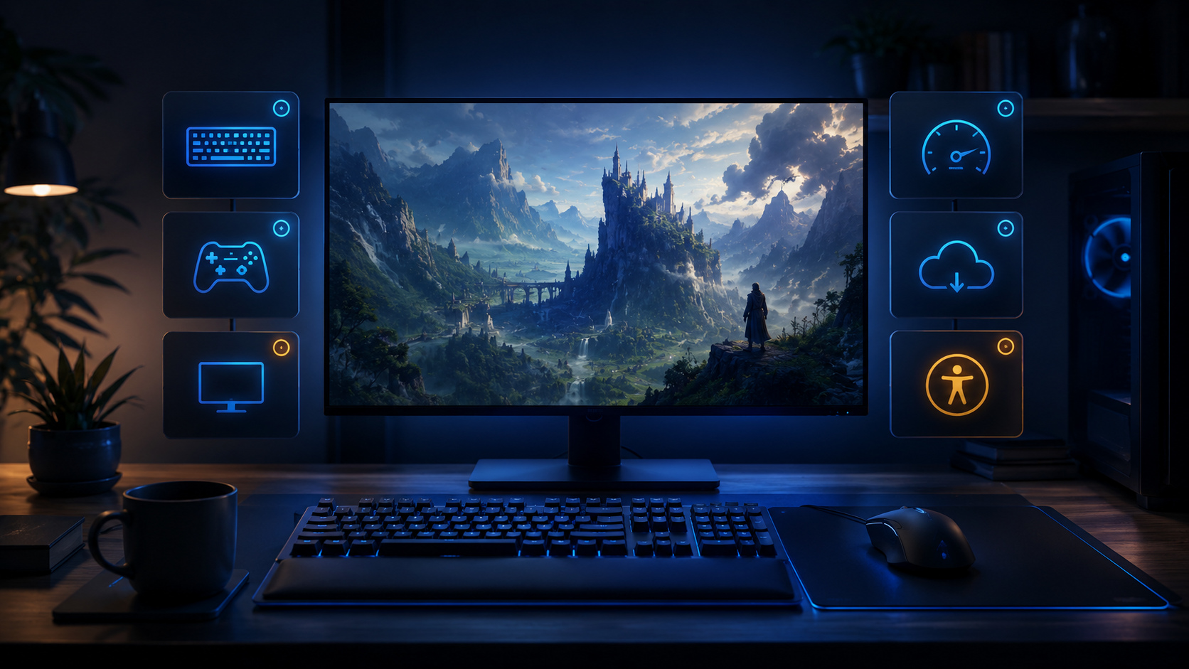 Original editorial illustration: PC input, display, performance, cloud and accessibility features need title-level proof