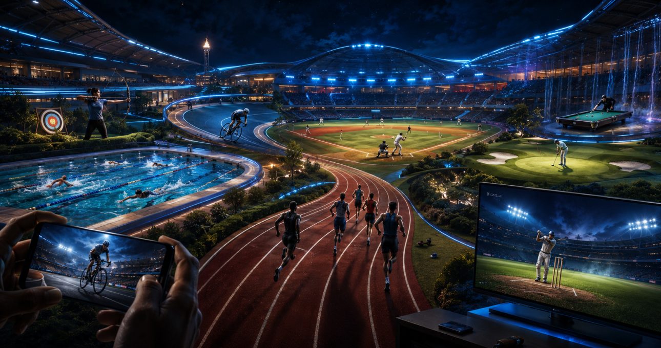Original editorial illustration: multi-event, team and precision sports create a broad mobile and television range