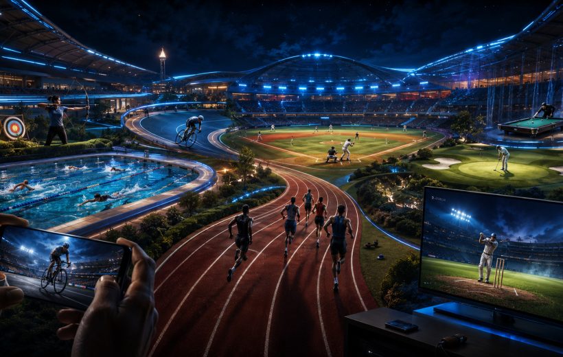 Original editorial illustration: multi-event, team and precision sports create a broad mobile and television range