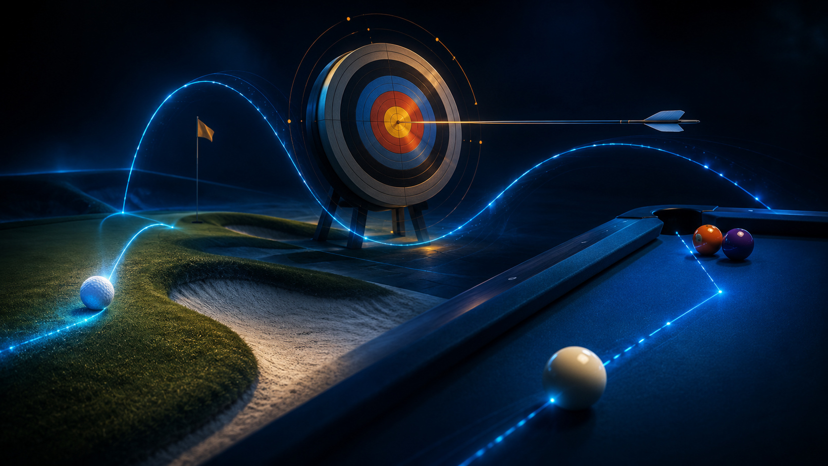 Original editorial illustration: golf, archery and pool share deliberate aim but reward different decisions