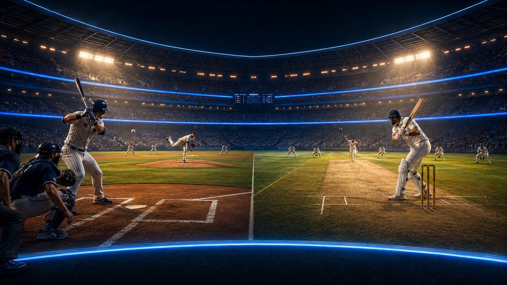 Original editorial illustration: baseball and cricket share a bat-and-ball context but create different play rhythms