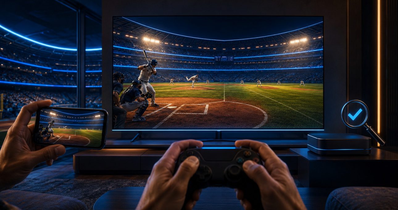 Original editorial illustration: one baseball identity still requires separate mobile, television and Fire TV checks