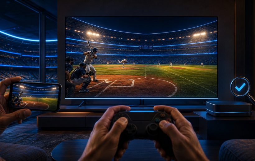 Original editorial illustration: one baseball identity still requires separate mobile, television and Fire TV checks