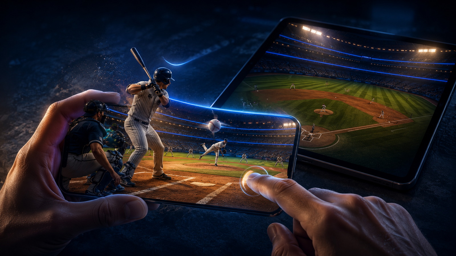 Original editorial illustration: touch-led baseball keeps the control surface close to the pitch and the player