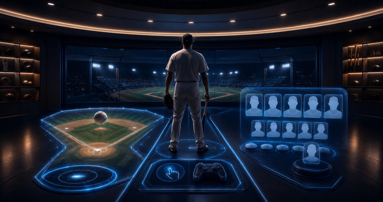 Original editorial illustration: match mode, input and team progression form one baseball selection test