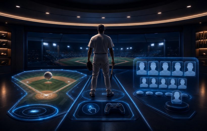 Original editorial illustration: match mode, input and team progression form one baseball selection test