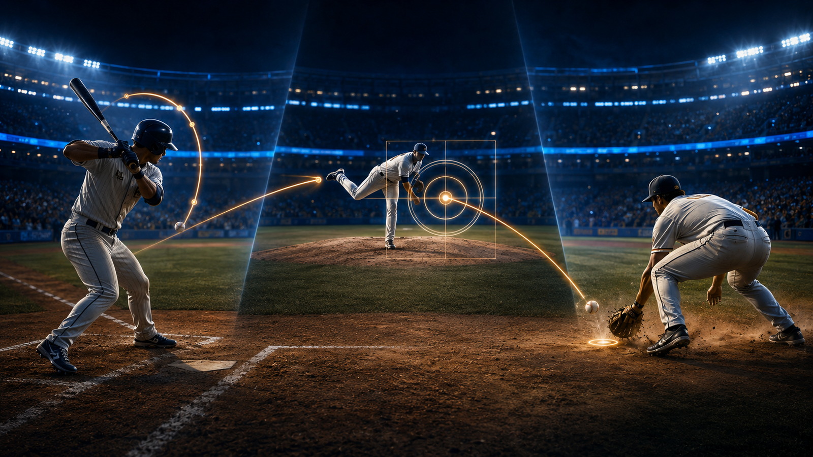 Original editorial illustration: batting, pitching and fielding reveal different parts of the control loop