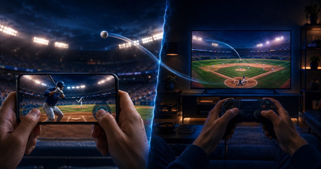 Original editorial illustration: mobile touch and television controller play reshape the same baseball moment