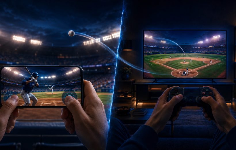 Original editorial illustration: mobile touch and television controller play reshape the same baseball moment
