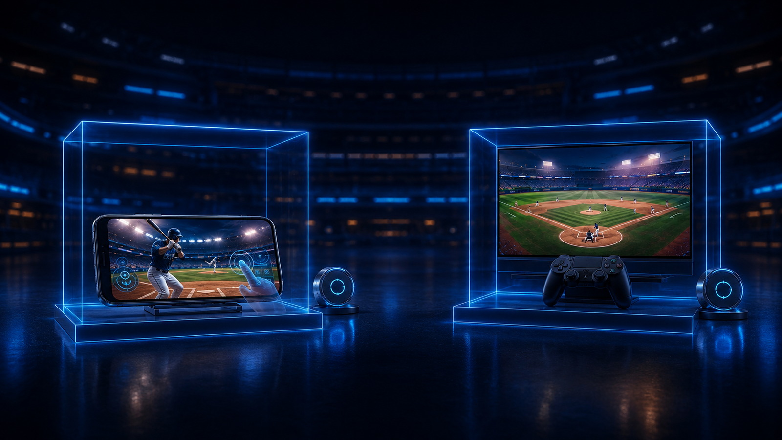 Original editorial illustration: related baseball editions can remain separate in modes, progress and purchases