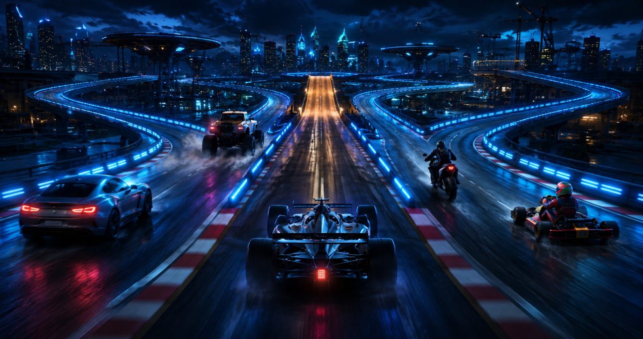 Original editorial illustration: street, formula, stunt, bike and kart racing create five routes to mastery