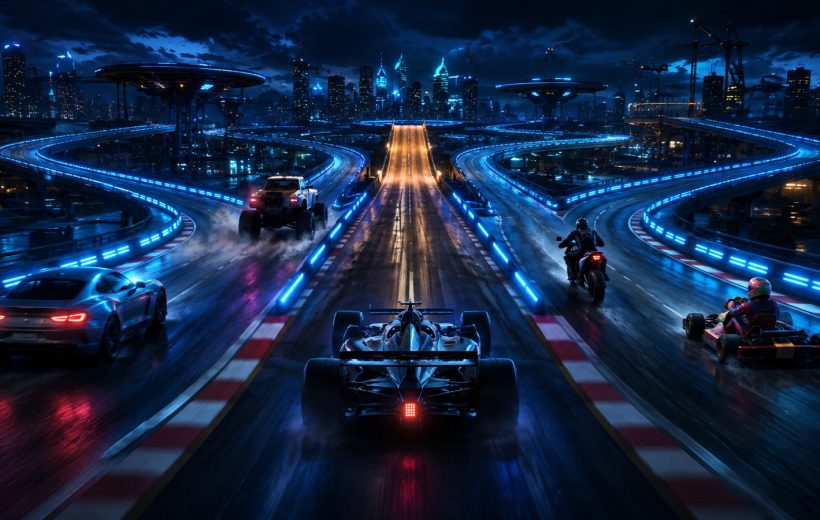 Original editorial illustration: street, formula, stunt, bike and kart racing create five routes to mastery