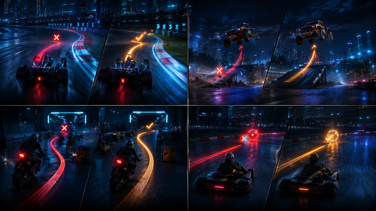 Original editorial illustration: visible mistakes make braking, landing, gap and power-up choices useful feedback