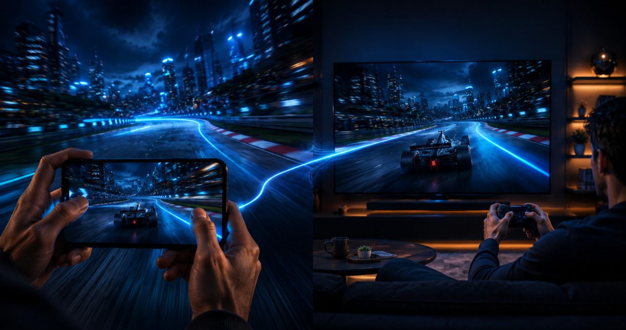 Original editorial illustration: touch and controller inputs create different physical conversations with the same race