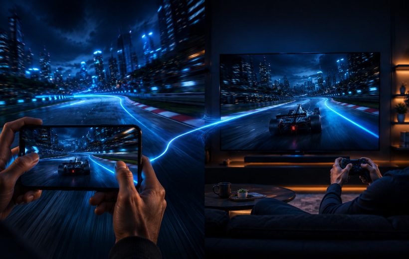 Original editorial illustration: touch and controller inputs create different physical conversations with the same race