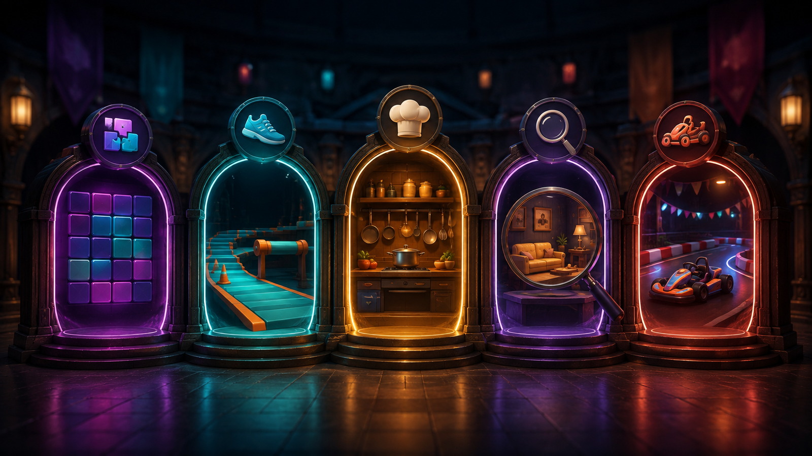 Original editorial illustration: five genre portals express different play rhythms inside one editorial selection