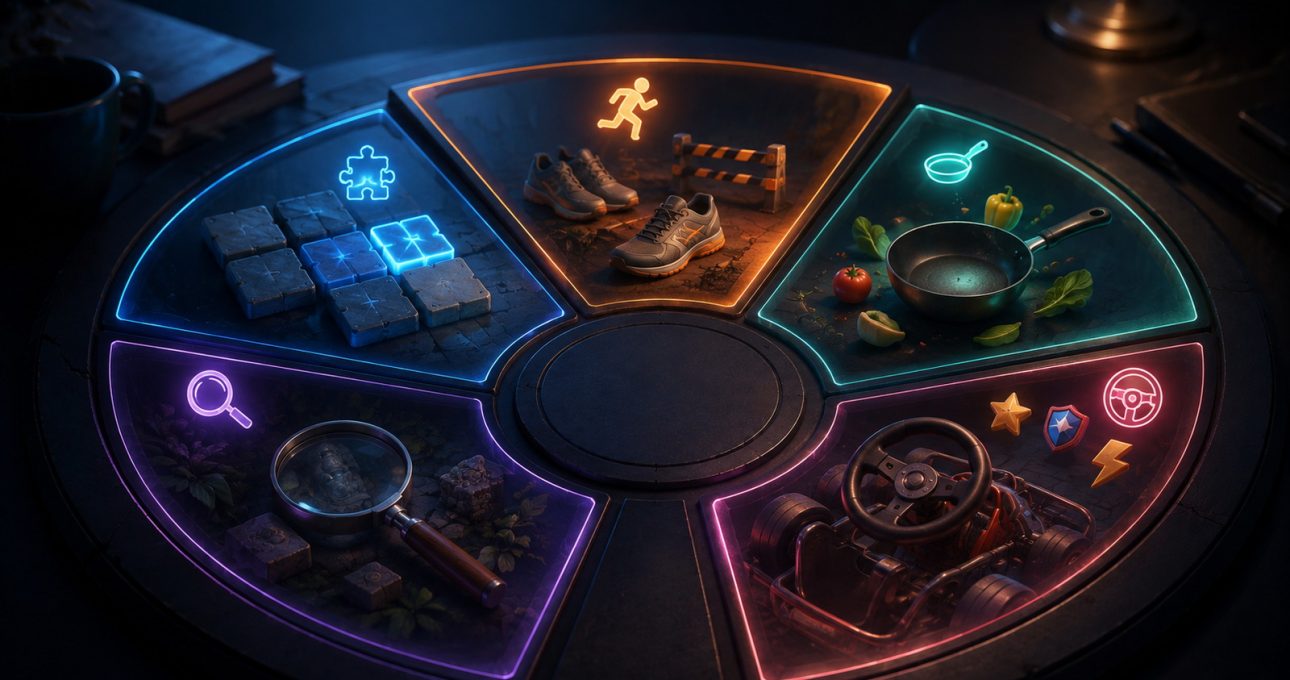 Original editorial illustration: a five-action chooser starts with the activity the player wants to repeat