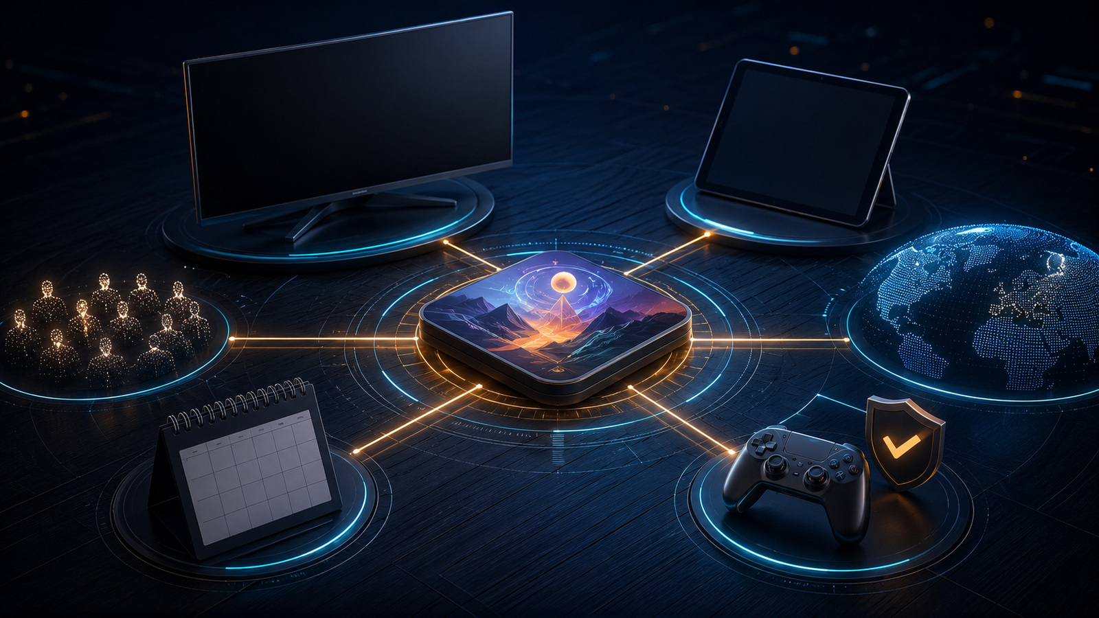 Original editorial illustration: a focused enquiry connects one title to audience, device, territory, timing and technical fit