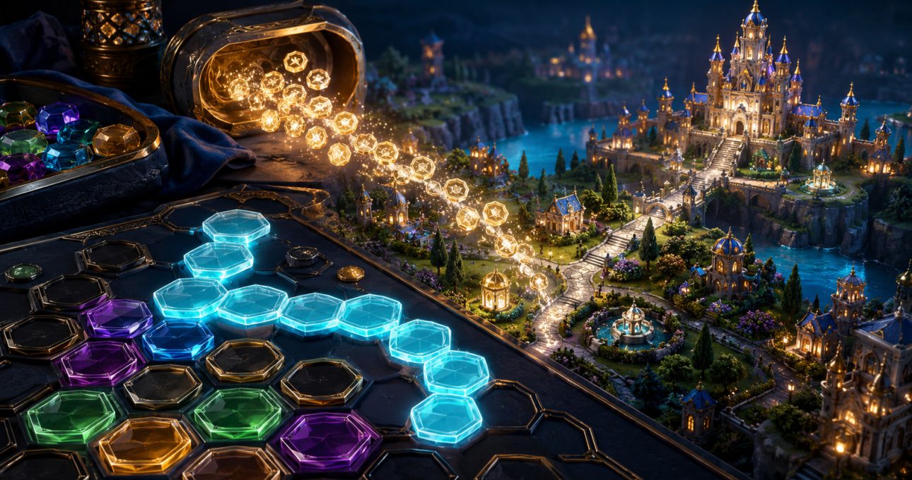 Original editorial illustration: abstract puzzle progress releases rewards that build a colourful fantasy kingdom