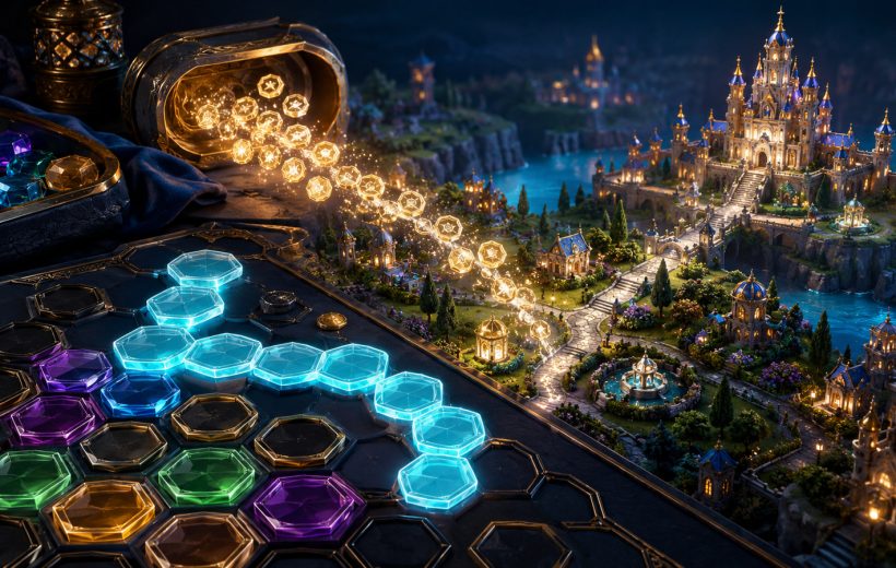 Original editorial illustration: abstract puzzle progress releases rewards that build a colourful fantasy kingdom