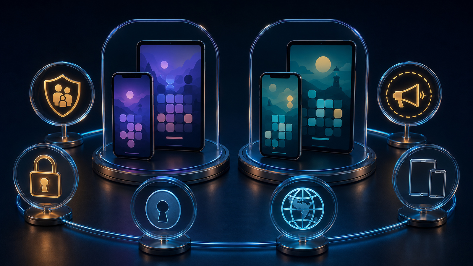 Original editorial illustration: each mobile edition needs its own family, privacy, purchase and compatibility checks