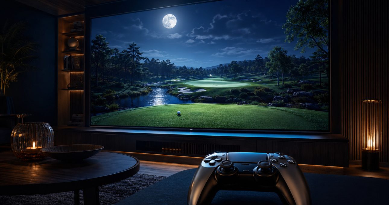 Original editorial illustration: big-screen course presentation and controller play define the living-room context