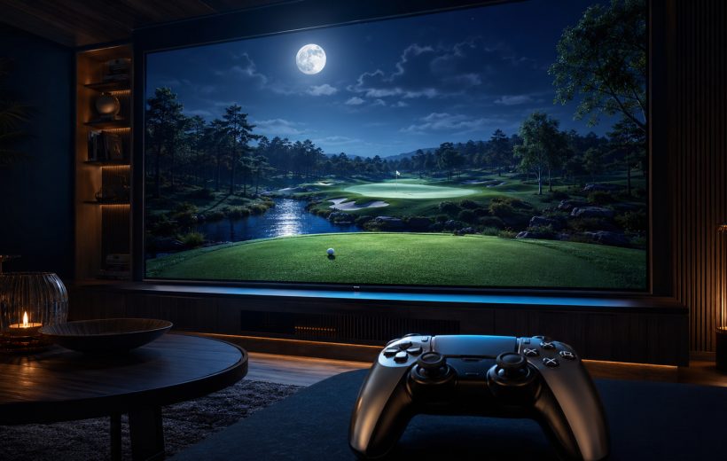 Original editorial illustration: big-screen course presentation and controller play define the living-room context