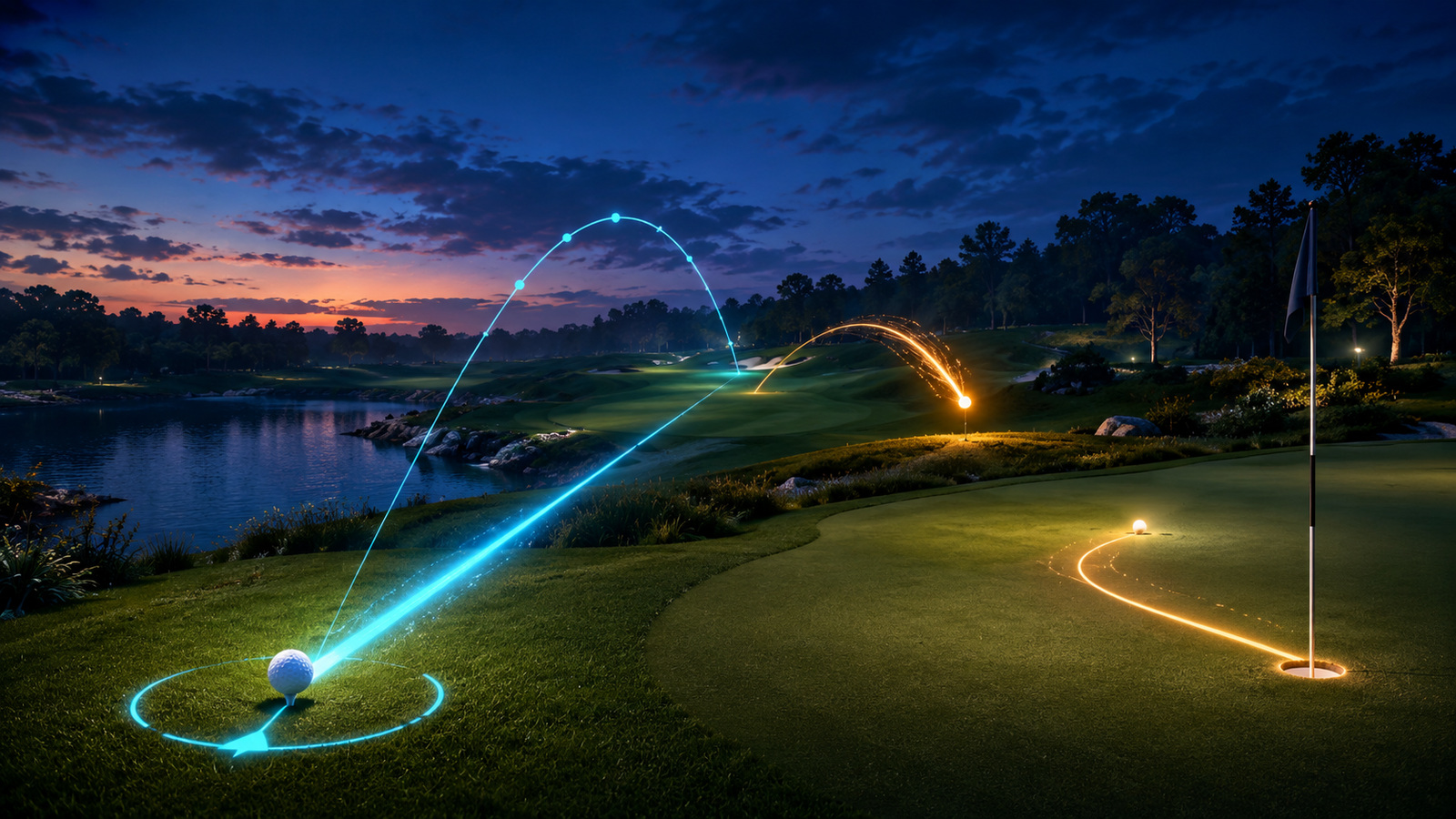 Original editorial illustration: aim, shot and putt form a high-level golf loop without prescribing exact controls