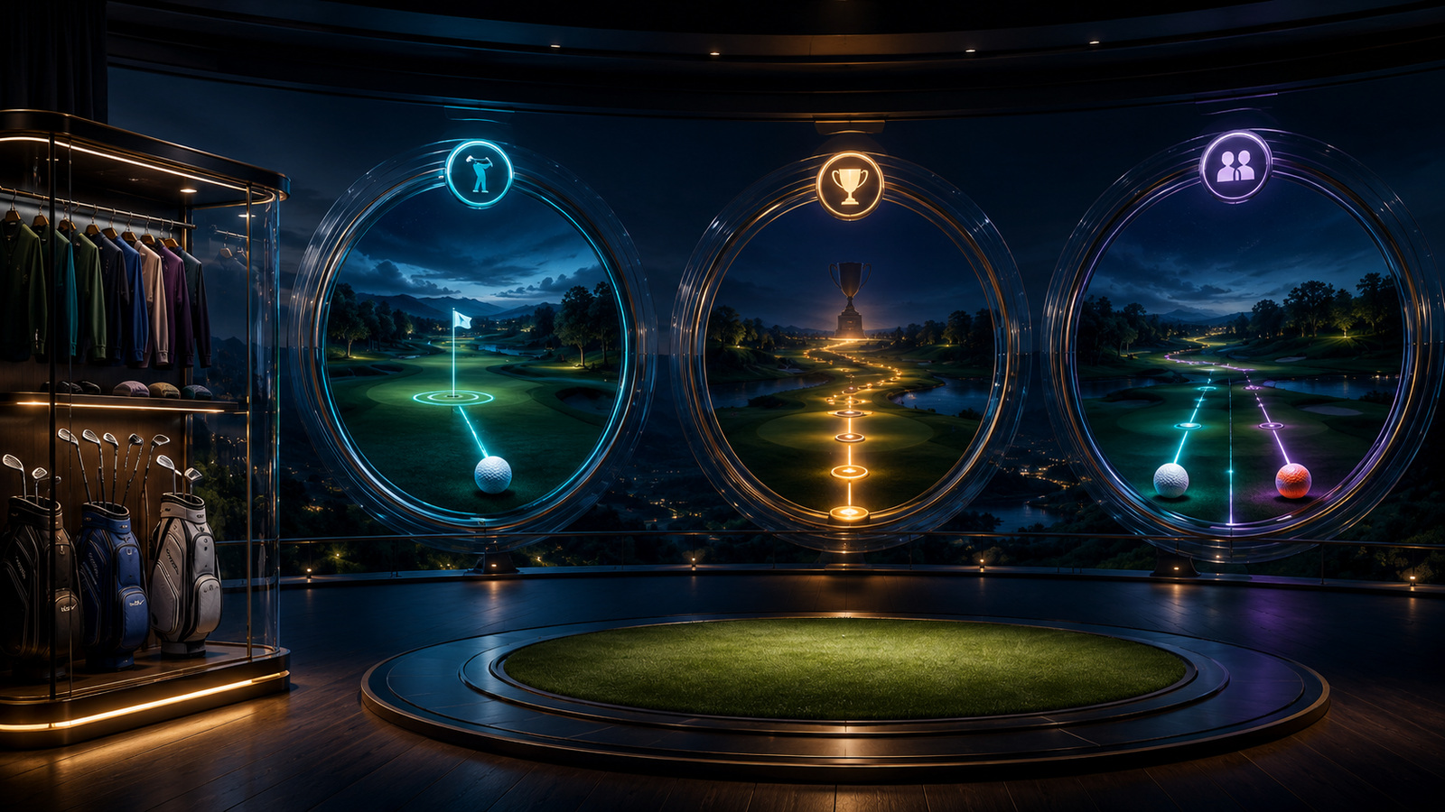 Original editorial illustration: solo, tournament and multiplayer contexts surround a separate equipment progression layer