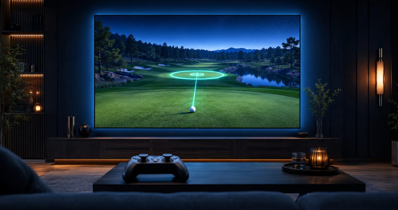 Original editorial illustration: television golf cues must remain legible across the room from the controller